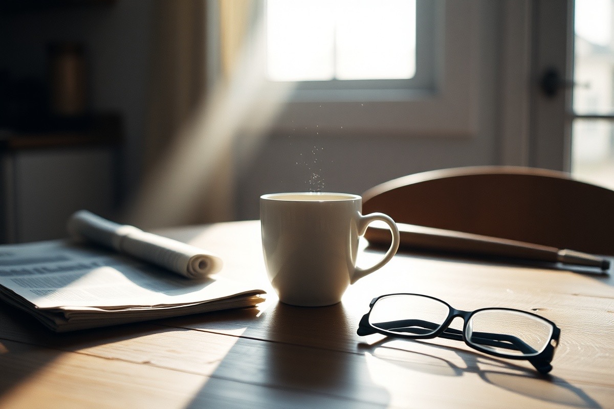 An afternoon kitchen table with a coffee mug, newspaper and reading glasses